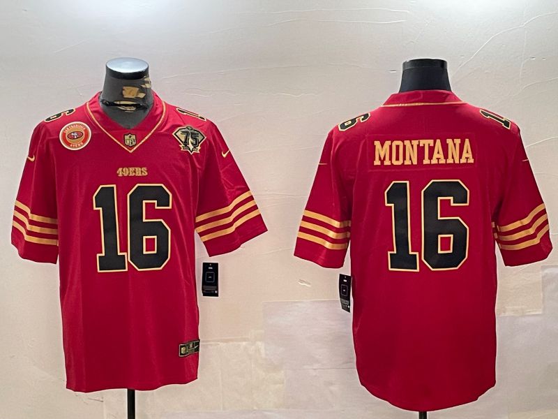 Men San Francisco 49ers #16 Montana Red Gold 2024 Nike Limited NFL Jersey style 12305